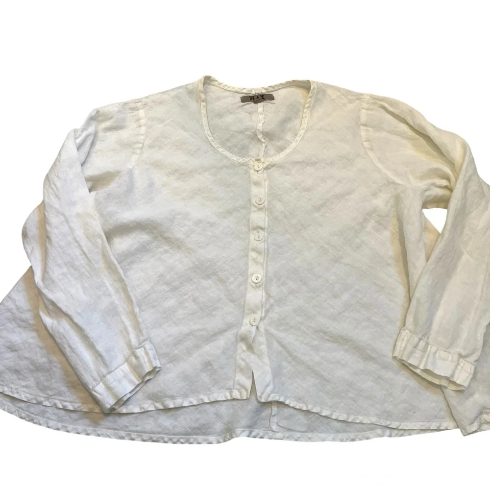 Flax 100% Linen Button Front Top 1G Off White Relaxed Fit Artsy - Picture 2 of 10